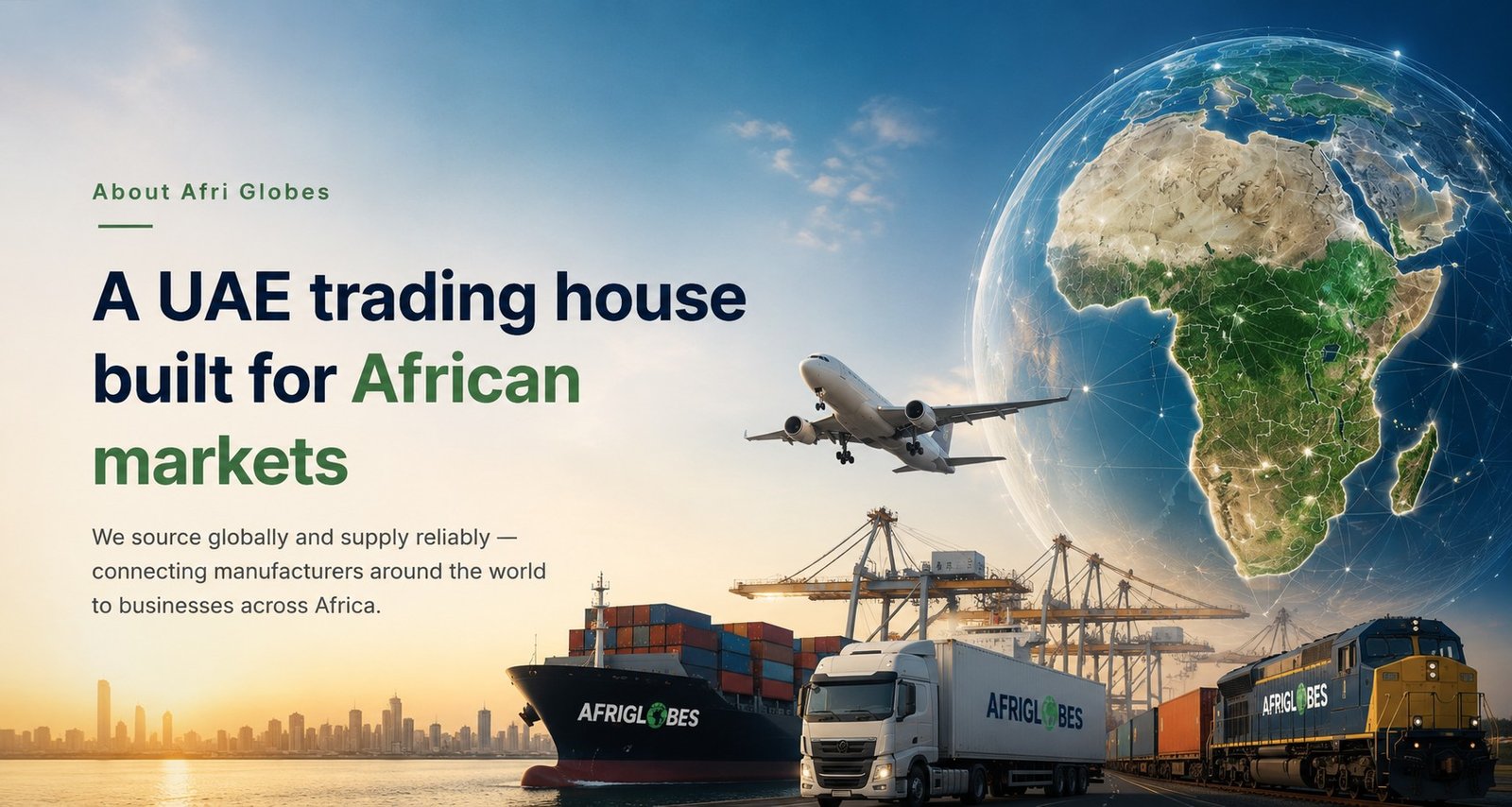 Afri Globes — a UAE trading house built for African markets. We source globally and supply reliably, connecting manufacturers around the world to businesses across Africa.