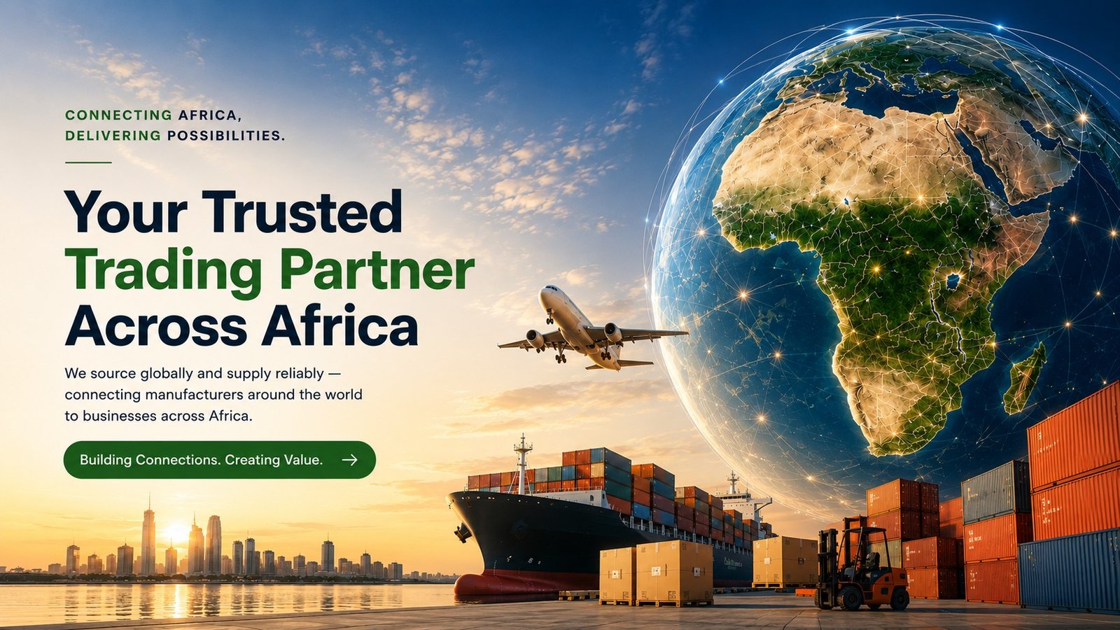Afri Globes — your trusted trading partner across Africa. Connecting Africa, delivering possibilities. We source globally and supply reliably.